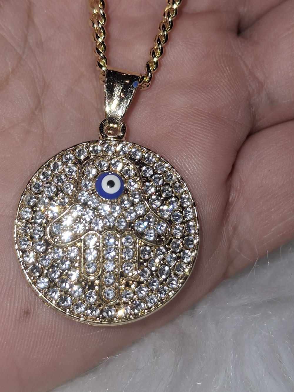 Gold-Tone Hamsa Hand Crystal Pendant Necklace with Blue Eye